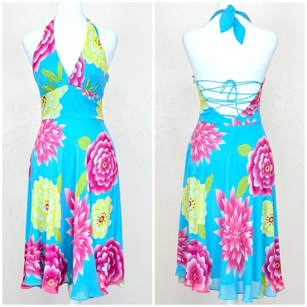 Vintage 1990s Sue Wong 100% Silk Turquoise Pink Floral Halter Lace-Up Dress 4